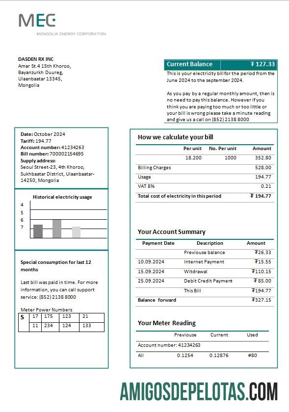 Em branco modelo de conta de serviços públicos de eletricidade da Mongolia Energy Corporation (MEC) em formatos Word e PDF